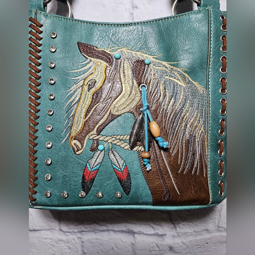 EUC Teal Embroidered Horse Design Vegan Leather Women's Bag - Picture 2 of 9